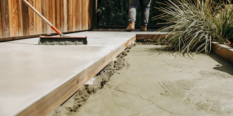 Sweeping concrete dust off a patio surface.
