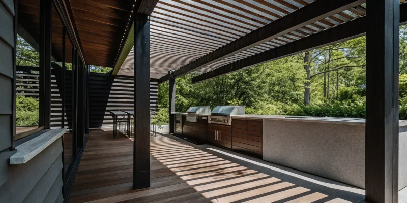 Custom outdoor structure with a pergola and outdoor kitchen on a Long Island deck.