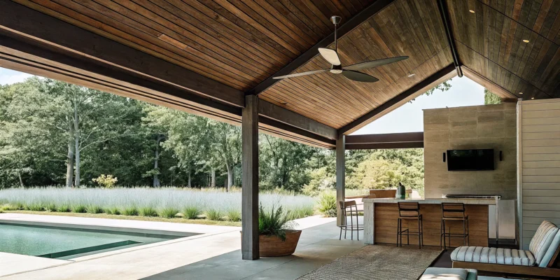 Modern custom pavilion on Long Island with an outdoor kitchen and poolside lounge area.