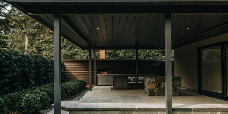Modern custom pavilion with stone accents and outdoor seating in a landscaped Long Island backyard.