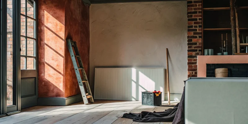 Building a DIY faux feature wall with MDF panels, tools, and a ladder.