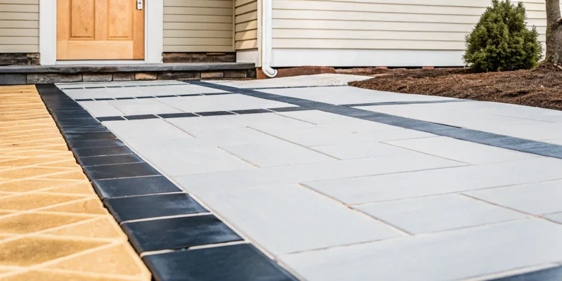 A newly installed interlocking concrete paver driveway in front of a Long Island home