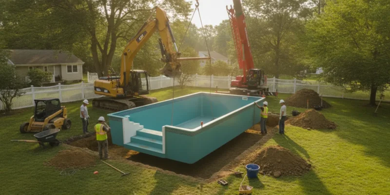 Fiberglass swimming pool installation underway in a sunny Long Island backyard with a crane placing the shell