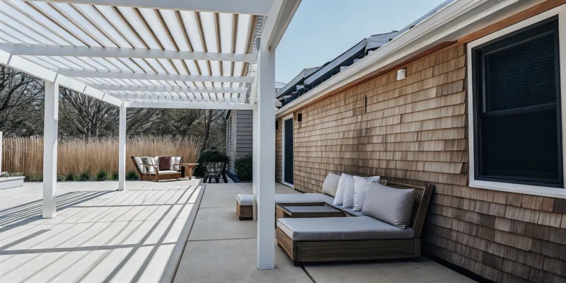 Custom white pergola built by a local Long Island company for an outdoor patio.