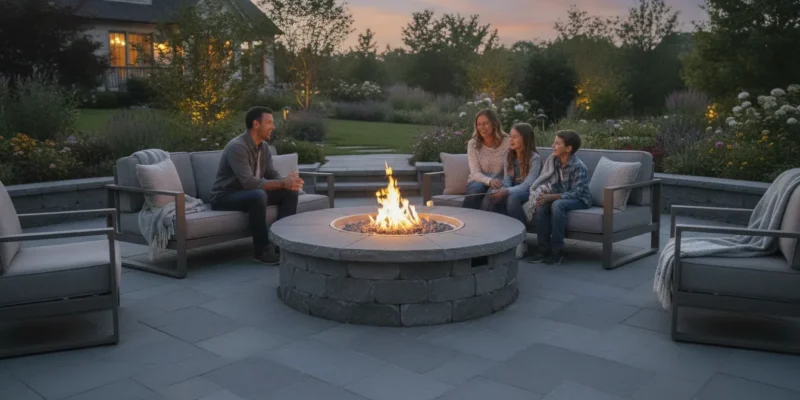 Circular stone fire pit on a bluestone paver patio with family seating on a Long Island evening