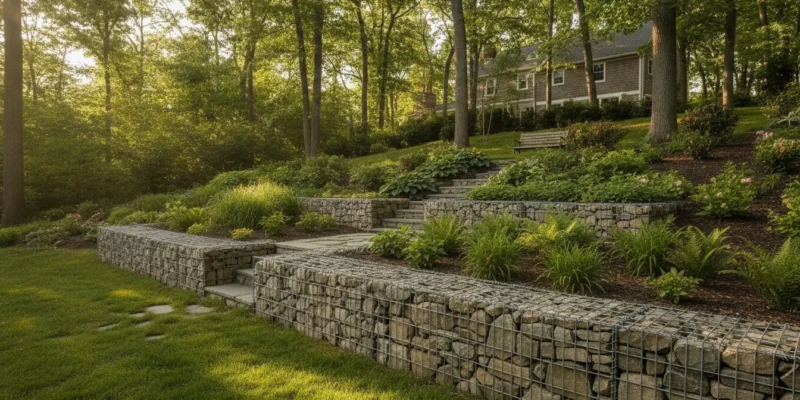 Natural stone gabion wall supporting planted terraces on a Long Island slope