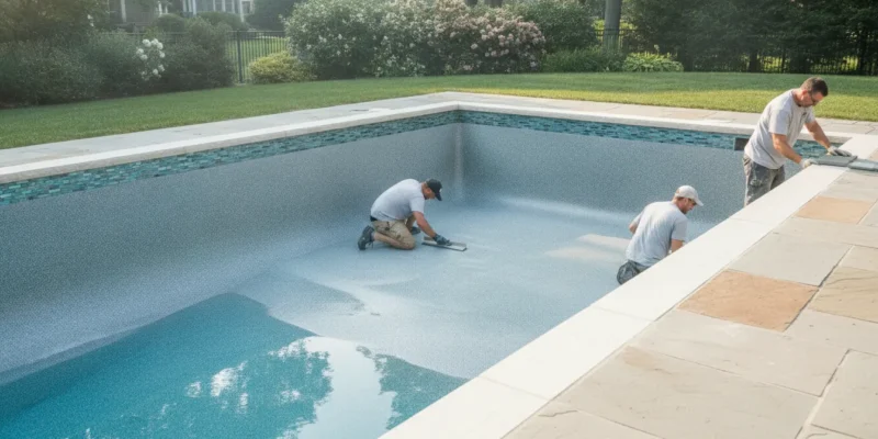 Masons finishing a resurfaced residential gunite swimming pool on Long Island