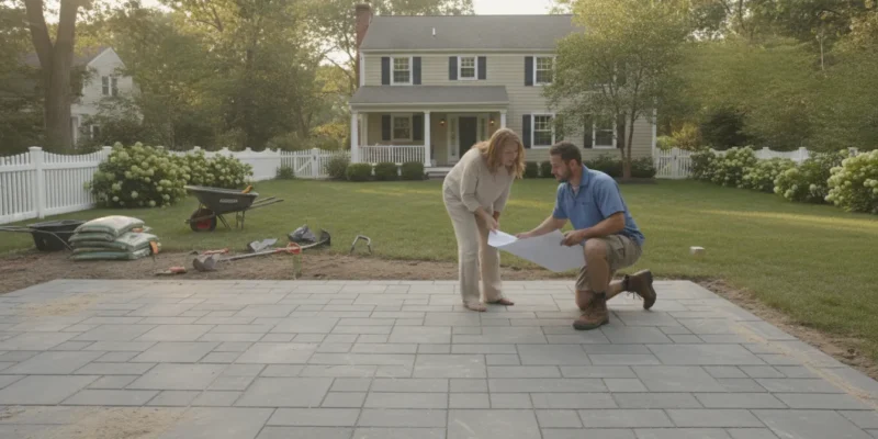 Hardscape contractor reviewing a Long Island backyard patio layout with a homeowner