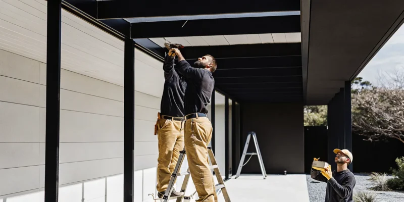 Local pergola installers building a modern backyard pergola for a homeowner.