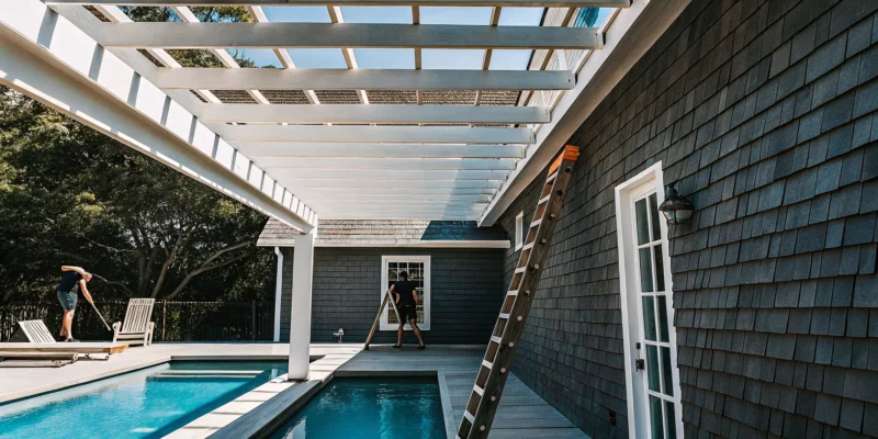A pergola installation in progress over a backyard pool in Long Island.