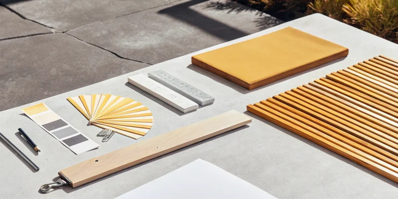 Comparing wood and material samples to estimate custom pergola cost.