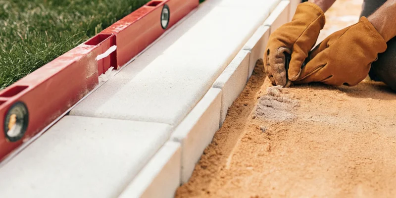 Laying concrete blocks to build a retaining wall on a level gravel base.