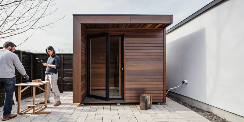 Two installers building an outdoor sauna in a backyard on Long Island.