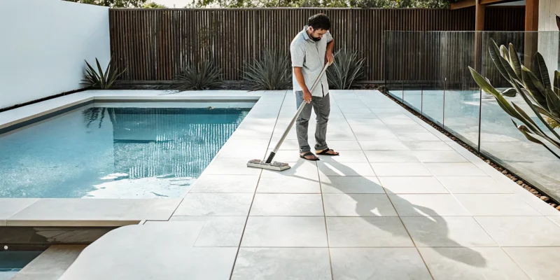 Man scrubbing the stone, showing how to clean a travertine pool deck.