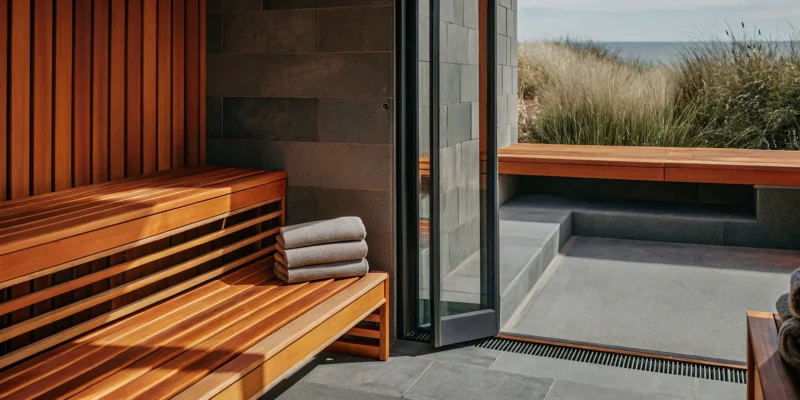 Modern home sauna with wood benches, professionally installed by a Long Island contractor.