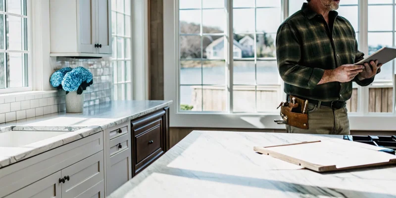 Long Island remodeling contractor with a tool belt uses a tablet to plan a kitchen renovation.