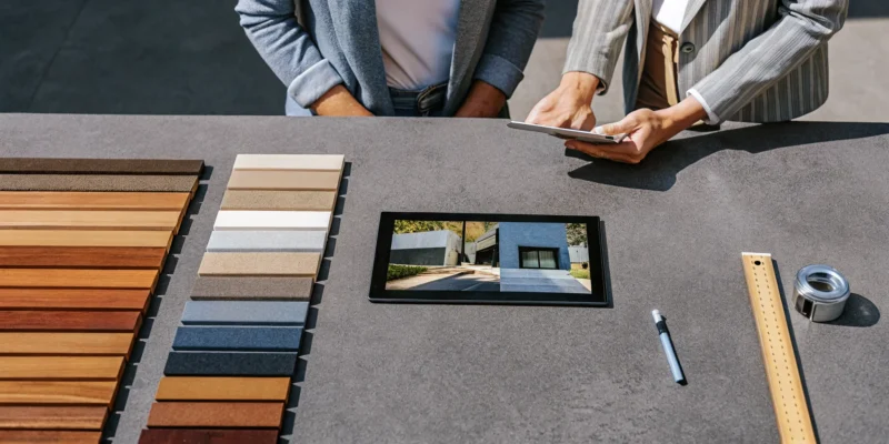 Outdoor kitchen builders reviewing design plans and material samples for a custom build.
