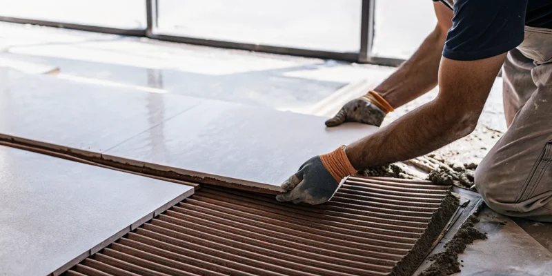 A top-rated tile pro installs a large format porcelain tile on a floor.