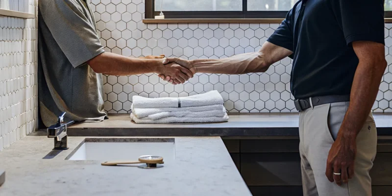 A Long Island bathroom tile contractor shakes hands with a client in a modern tiled bathroom.