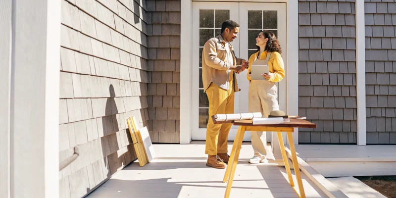 A Long Island pavilion contractor discussing plans with homeowners.