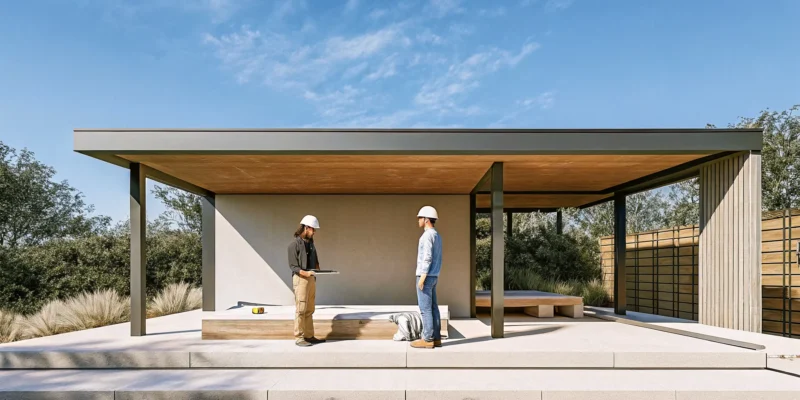 A Long Island pavilion builder discusses plans for a custom pavilion with a team member.