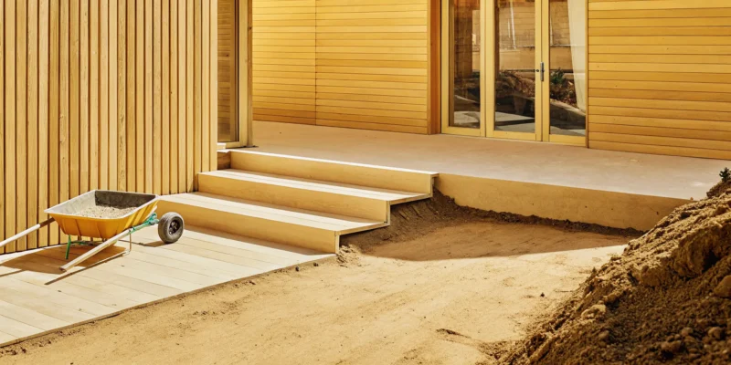 Construction site with a wheelbarrow and sand, preparing to install a natural stone patio.