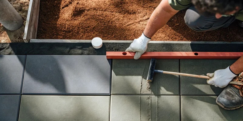 How to lay a patio on concrete, setting a paver with a rubber mallet.