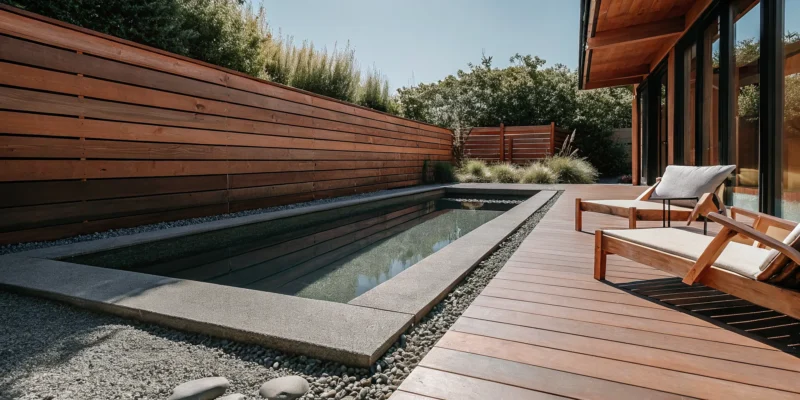 Modern wellness backyard design in Long Island with a pool, wood deck, and lounge chairs.