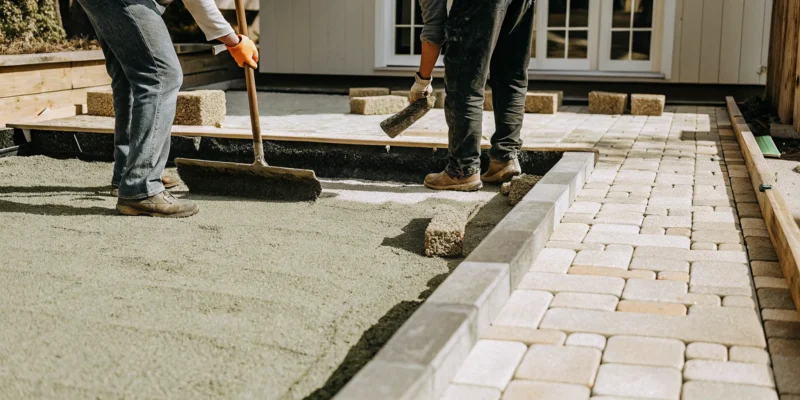 Professional workers installing interlocking pavers on a prepared crushed stone base for a paver patio on Long Island