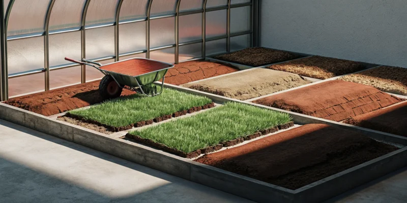 A leveled ground base is prepared with a wheelbarrow for artificial turf installation.