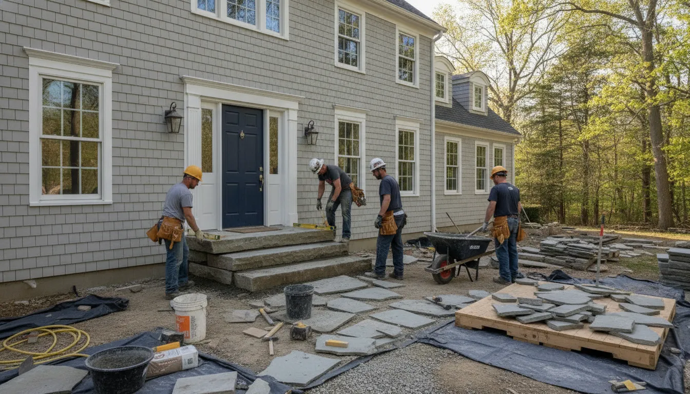 Masonry crew building a natural stone front stoop in Long Island