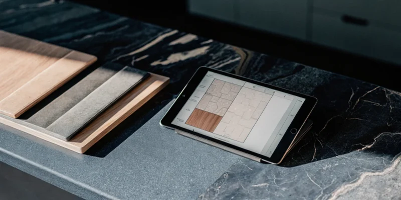 Planning a kitchen renovation budget with a cost estimator on a tablet and material samples.