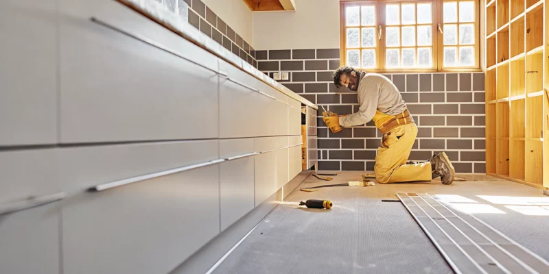 Kitchen tile installer working on a backsplash in a Long Island kitchen.