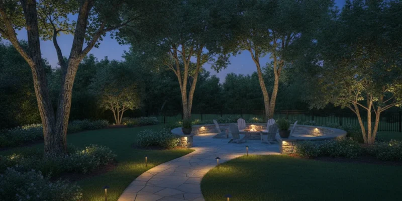 Low-voltage landscape lighting along a Long Island stone patio and walkway