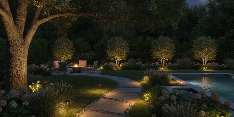 Landscape lighting along a Long Island stone patio and walkway