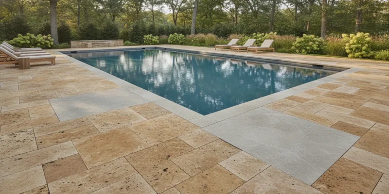 Limestone and travertine pool deck comparison on a Long Island property