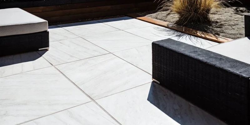 Large-format porcelain pavers forming a modern stone-look patio on Long Island