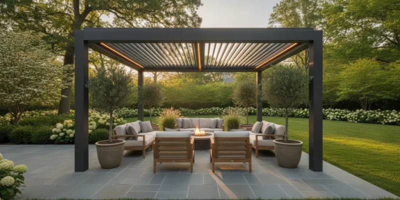 Motorized aluminum louvered pergola over a Long Island patio at dusk