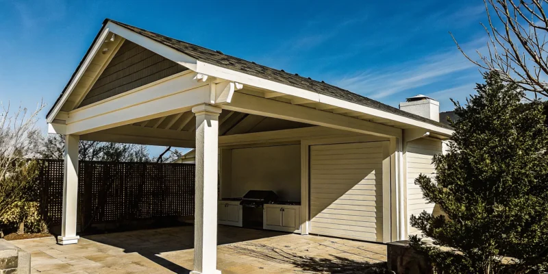 Low maintenance vinyl pavilion in Long Island with an outdoor kitchen.