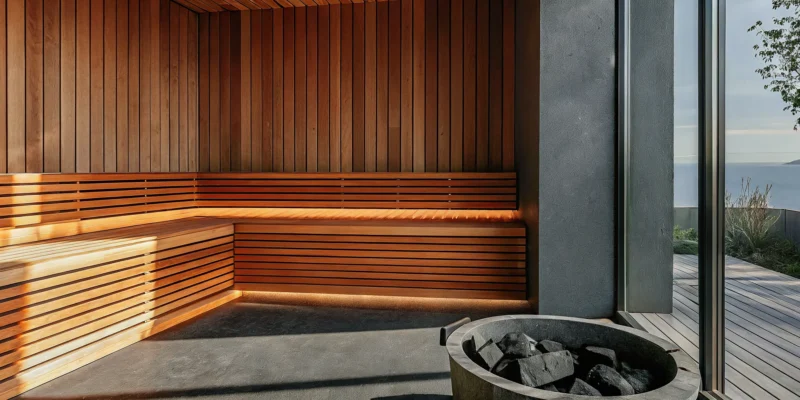 A luxury home sauna with a glass front and wood interior on Long Island.