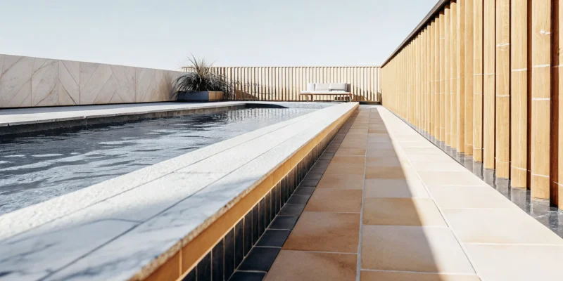 A modern swimming pool with a smooth marble dust finish for a timeless look.