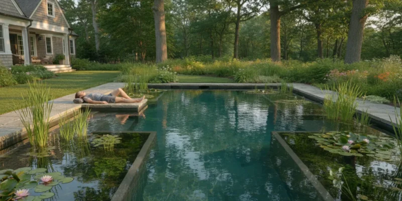 A natural swimming pool with aquatic plants and natural stone edging in a Long Island backyard