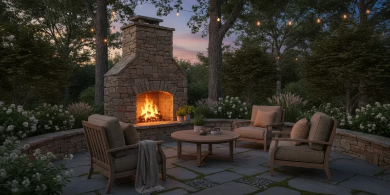 Outdoor stone fireplace on a Long Island bluestone patio at dusk with warm flame and seating
