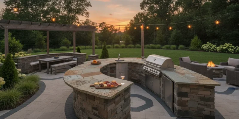 Custom outdoor kitchen with natural stone countertops and a built-in stainless steel grill on a Long Island patio