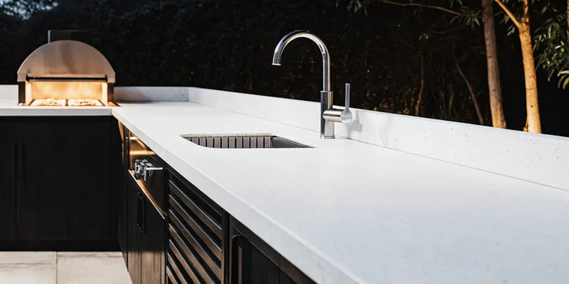 Modern outdoor kitchen with white countertops and a built-in oven at dusk.