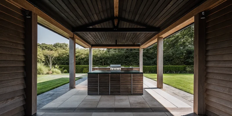 Custom outdoor living pavilion with a built-in kitchen in a Suffolk County backyard.