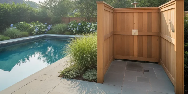 Outdoor shower beside a Long Island swimming pool