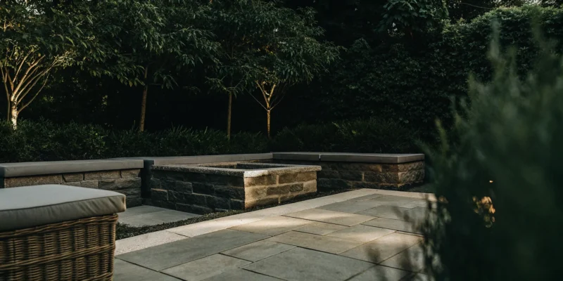 Natural bluestone paver patio with herringbone pattern and stone fire pit in a Long Island backyard