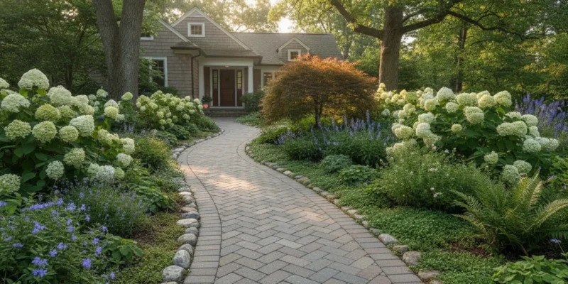 A herringbone paver walkway leading through a landscaped Long Island front yard