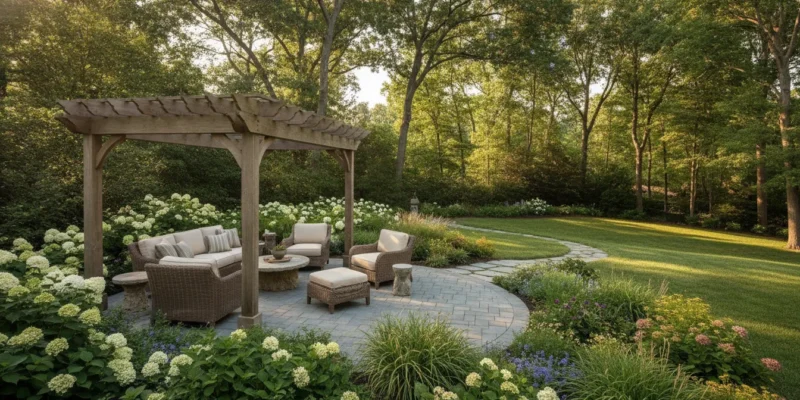 Pergola and covered outdoor living structure in a Long Island backyard